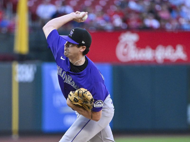 Jun 6, 2024; St. Louis, Missouri, USA;  Colorado Rockies starting pitcher Cal Quantrill (47) pitches against the St. Louis Cardinals during the first inning at Busch Stadium. Mandatory Credit: Jeff Curry-USA TODAY Sports