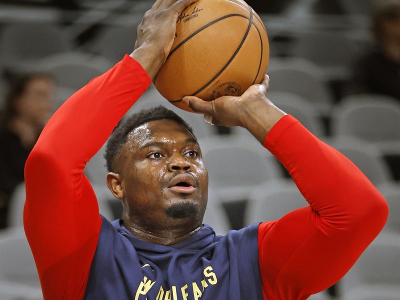 SAN ANTONIO, TX - DECEMBER 17:  Zion Williamson #1 of the New Orleans Pelicans takes warm up shots before their game against the San Antonio Spurs Spurs at Frost Bank Center on December  17, 2023 in San Antonio, Texas. NOTE TO USER: User expressly acknowledges and agrees that, by downloading and or using this photograph, User is consenting to terms and conditions of the Getty Images License Agreement. (Photo by Ronald Cortes/Getty Images)