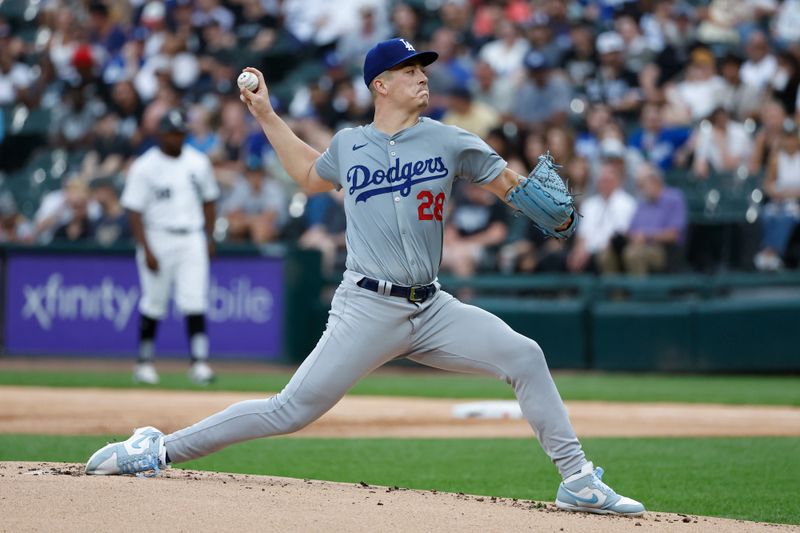 Jun 25, 2024; Chicago, Illinois, USA; Los Angeles Dodgers starting pitcher Bobby Miller (28) pitches against the Chicago White Sox during the first inning at Guaranteed Rate Field. Mandatory Credit: Kamil Krzaczynski-USA TODAY Sports