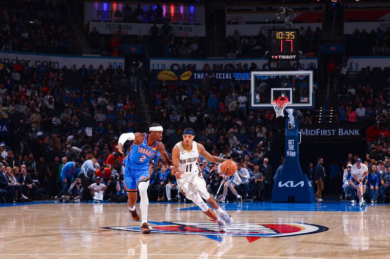 OKLAHOMA CITY, OK - NOVEMBER 13:  Brandon Boston Jr. #11 of the New Orleans Pelicans drives to the basket during the game against the Oklahoma City Thunder on November 13, 2024 at Paycom Center in Oklahoma City, Oklahoma. NOTE TO USER: User expressly acknowledges and agrees that, by downloading and or using this photograph, User is consenting to the terms and conditions of the Getty Images License Agreement. Mandatory Copyright Notice: Copyright 2024 NBAE (Photo by Zach Beeker/NBAE via Getty Images)