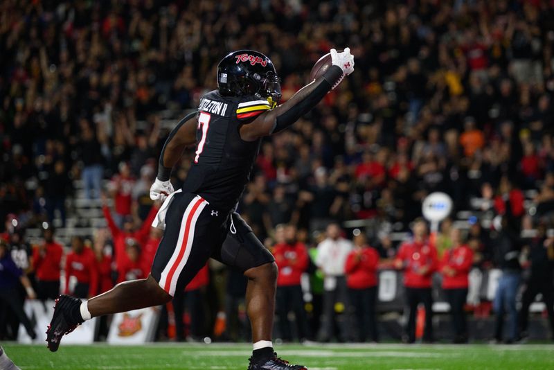 Sep 15, 2023; College Park, Maryland, USA; Maryland Terrapins running back Antwain Littleton II (7) scores a touchdown during the fourth quarter against the Virginia Cavaliers at SECU Stadium. Mandatory Credit: Reggie Hildred-USA TODAY Sports