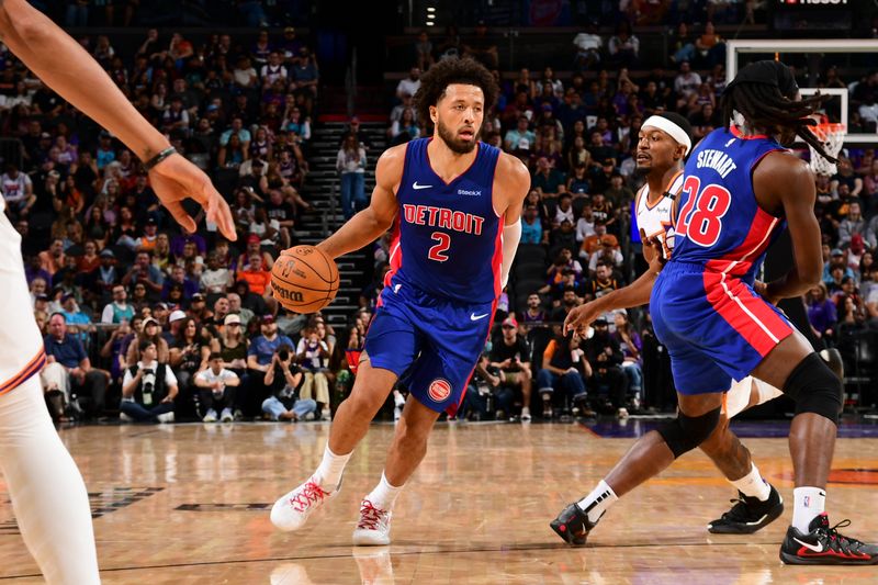 PHOENIX, AZ - OCTOBER 11: Cade Cunningham #2 of the Detroit Pistons drives to the basket during the game on October 11, 2024 at Footprint Center in Phoenix, Arizona. NOTE TO USER: User expressly acknowledges and agrees that, by downloading and or using this photograph, user is consenting to the terms and conditions of the Getty Images License Agreement. Mandatory Copyright Notice: Copyright 2024 NBAE (Photo by Kate Frese/NBAE via Getty Images)