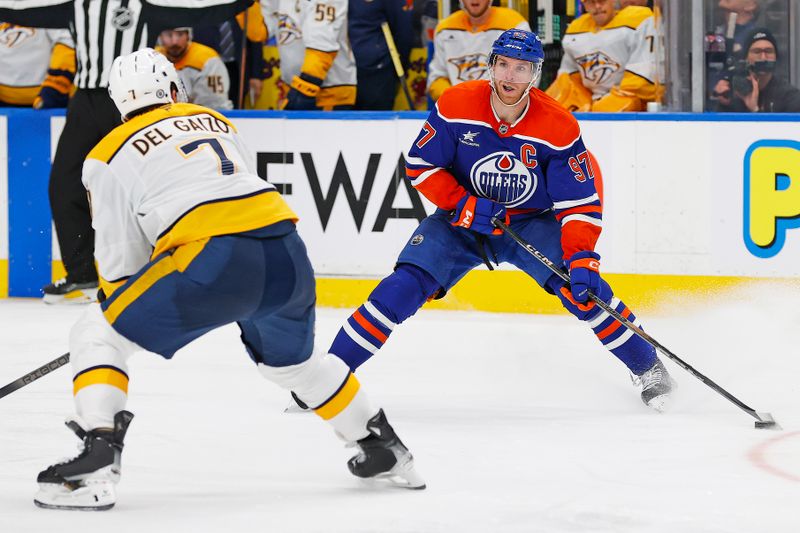 Nov 14, 2024; Edmonton, Alberta, CAN; Edmonton Oilers forward Connor McDavid (97) looks to make a pass in front of Nashville Predators defensemen Marc Del Gaizo (7) during the third period at Rogers Place. Mandatory Credit: Perry Nelson-Imagn Images