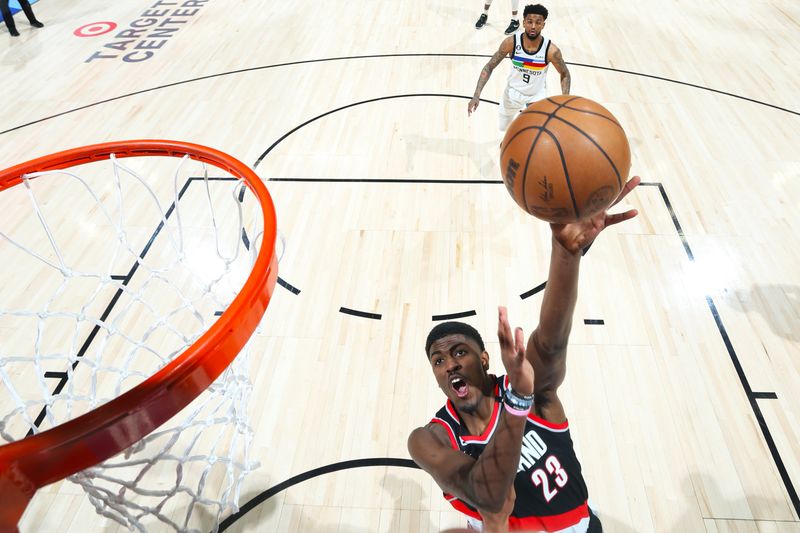 MINNEAPOLIS, MN -  APRIL 2: Jeenathan Williams #23 of the Portland Trail Blazers drives to the basket during the game against the Minnesota Timberwolves on April 2, 2023 at Target Center in Minneapolis, Minnesota. NOTE TO USER: User expressly acknowledges and agrees that, by downloading and or using this Photograph, user is consenting to the terms and conditions of the Getty Images License Agreement. Mandatory Copyright Notice: Copyright 2023 NBAE (Photo by David Sherman/NBAE via Getty Images)