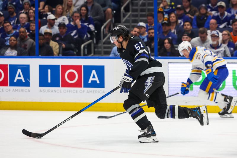 Feb 28, 2026; Tampa, Florida, USA; Tampa Bay Lightning defenseman Charle-Edouard D'Astous (51) carries the puck against the Buffalo Sabres during the second period at Benchmark International Arena. Mandatory Credit: Morgan Tencza-Imagn Images