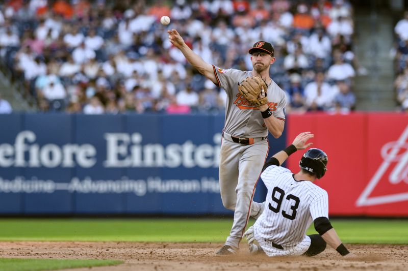 Jun 20, 2024; Bronx, New York, USA; Baltimore Orioles third baseman Jordan Westburg (11) forces out New York Yankees catcher Ben Rice (93) and throws to first base to complete a double play during the sixth inning at Yankee Stadium. Mandatory Credit: John Jones-USA TODAY Sports