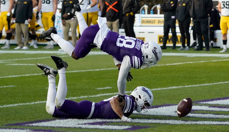 Nov 4, 2023; Chicago, Illinois, USA; Northwestern Wildcats defensive back Braden Turner (28) tries to stop the ball from going into the end zone against the Iowa Hawkeyes during the second half at Wrigley Field. Mandatory Credit: David Banks-USA TODAY Sports