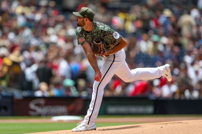 May 21, 2023; San Diego, California, USA; San Diego Padres starting pitcher Michael Wacha (52) throws a pitch during the first inning against the Boston Red Sox at Petco Park. Mandatory Credit: David Frerker-USA TODAY Sports