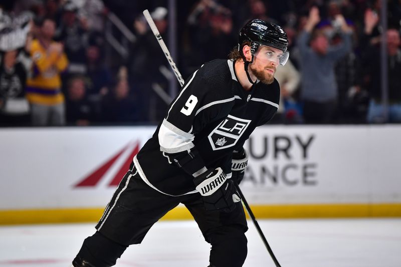 Apr 29, 2023; Los Angeles, California, USA; Los Angeles Kings right wing Adrian Kempe (9) celebrates his goal scored against the Edmonton Oilers during the second period in game six of the first round of the 2023 Stanley Cup Playoffs at Crypto.com Arena. Mandatory Credit: Gary A. Vasquez-USA TODAY Sports