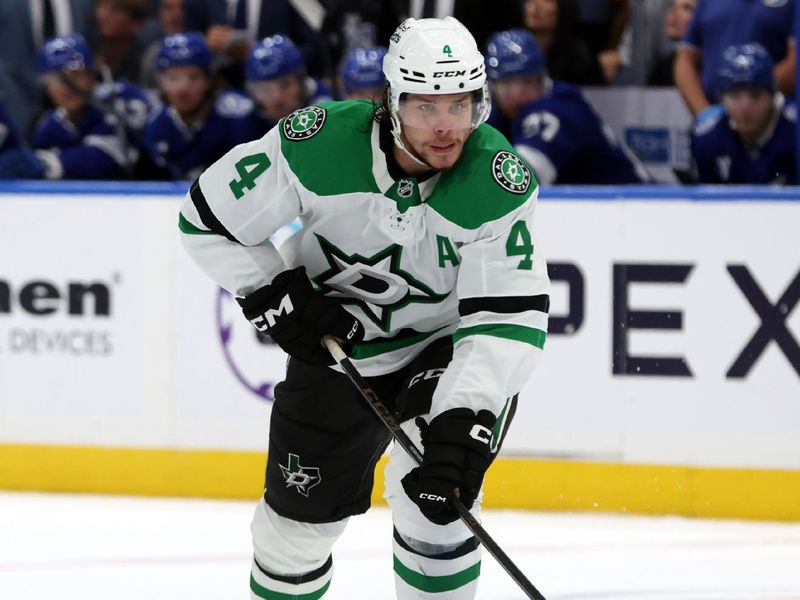 Oct 30, 2025; Tampa, Florida, USA; Dallas Stars defenseman Miro Heiskanen (4) skates against the Tampa Bay Lightning during overtime at Benchmark International Arena. Mandatory Credit: Kim Klement Neitzel-Imagn Images