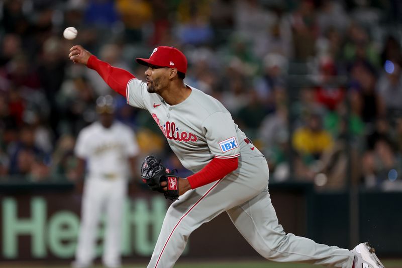 May 24, 2025; West Sacramento, California, USA; Philadelphia Phillies pitcher Joe Ross (41) throws a pitch against the Athletics during the seventh inning at Sutter Health Park. Mandatory Credit: Dennis Lee-Imagn Images