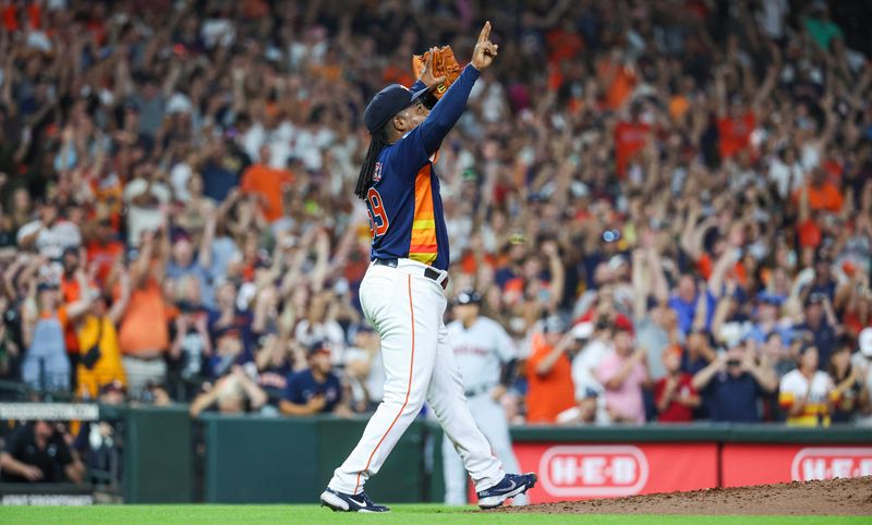 Aug 1, 2023; Houston, Texas, USA; Houston Astros starting pitcher Framber Valdez (59) reacts after completing a no-hitter against the Cleveland Guardians at Minute Maid Park. Mandatory Credit: Troy Taormina-USA TODAY Sports