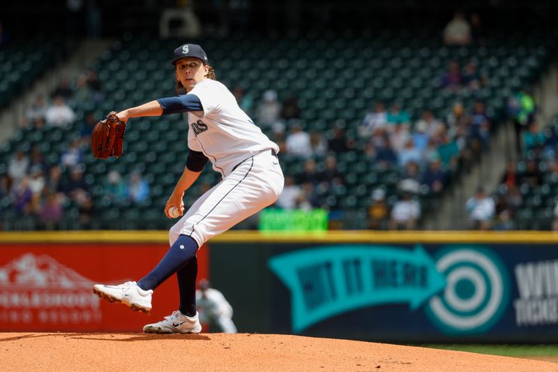 May 30, 2024; Seattle, Washington, USA; Seattle Mariners starting pitcher Logan Gilbert (36) throws against the Houston Astros during the first inning at T-Mobile Park. Mandatory Credit: Joe Nicholson-USA TODAY Sports