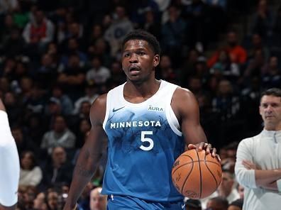 MINNEAPOLIS, MN -  NOVEMBER 28: Anthony Edwards #5 of the Minnesota Timberwolves handles the ball during the game against the Oklahoma City Thunder during the In - Season Tournament on November 28, 2023 at Target Center in Minneapolis, Minnesota. NOTE TO USER: User expressly acknowledges and agrees that, by downloading and or using this Photograph, user is consenting to the terms and conditions of the Getty Images License Agreement. Mandatory Copyright Notice: Copyright 2023 NBAE (Photo by David Sherman/NBAE via Getty Images)