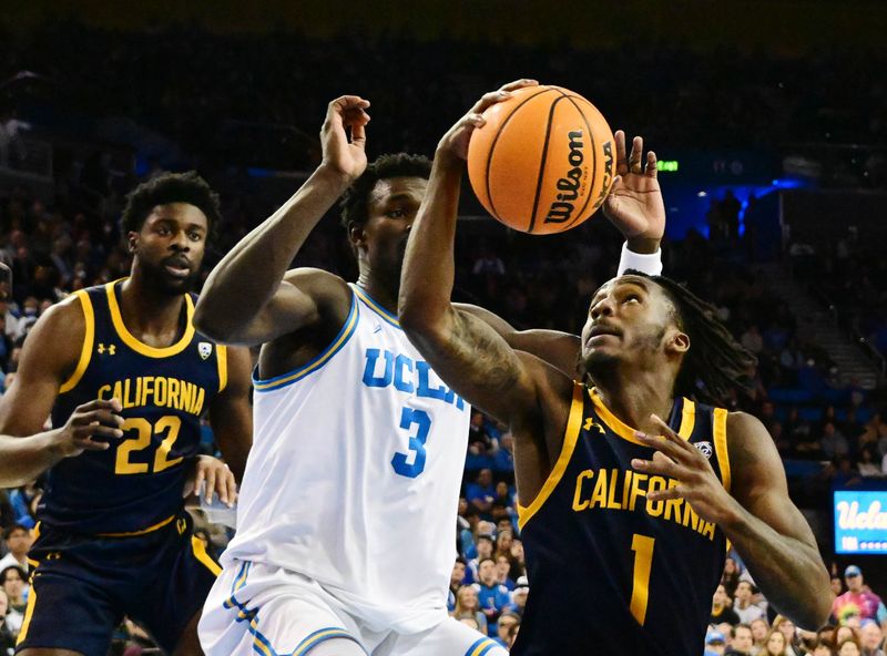 Feb 18, 2023; Los Angeles, California, USA; California Golden Bears guard Joel Brown (1) battles for the ball against UCLA Bruins forward Adem Bona (3) in a college basketball game at Pauley Pavilion presented by Wescom. Mandatory Credit: Richard Mackson-USA TODAY Sports