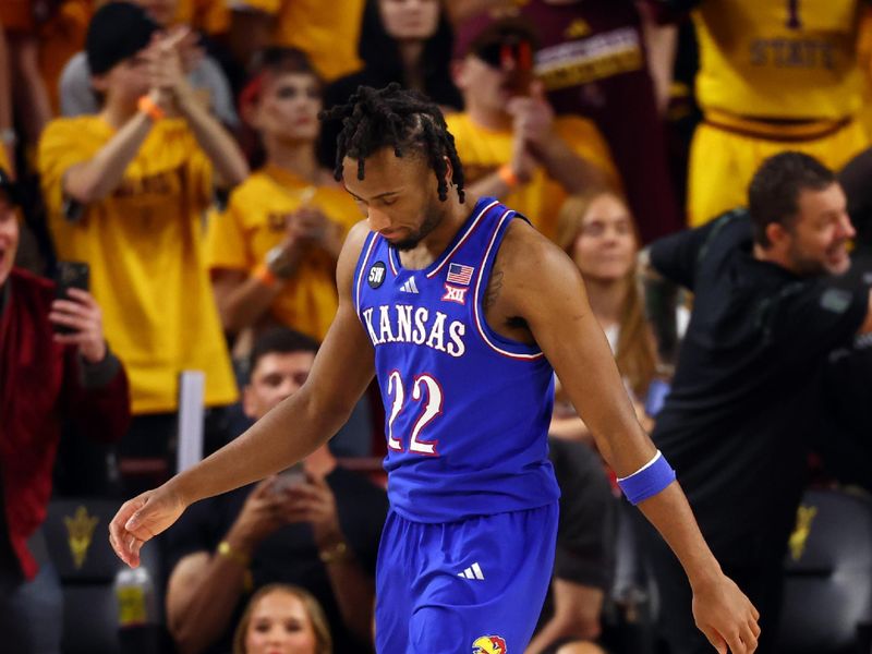 Mar 3, 2026; Tempe, Arizona, USA; Kansas Jayhawks guard Darryn Peterson (22) reacts against the Arizona State Sun Devils in the second half at Desert Financial Arena. Mandatory Credit: Mark J. Rebilas-Imagn Images