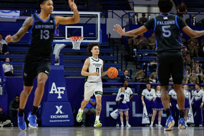 Feb 25, 2025; Colorado Springs, Colorado, USA; Colorado State Rams guard Kyan Evans (0) dribbles the ball up court as Air Force Falcons guard Chase Beasley (13) and guard Ethan Taylor (5) get postioned in the first half at Clune Arena. Mandatory Credit: Isaiah J. Downing-Imagn Images