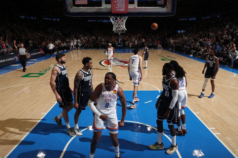 OKLAHOMA CITY, OK - MARCH 14: Jalen Williams #8 of the Oklahoma City Thunder celebrates during the game against the Dallas Mavericks on March 13, 2024 at Paycom Arena in Oklahoma City, Oklahoma. NOTE TO USER: User expressly acknowledges and agrees that, by downloading and or using this photograph, User is consenting to the terms and conditions of the Getty Images License Agreement. Mandatory Copyright Notice: Copyright 2024 NBAE (Photo by Zach Beeker/NBAE via Getty Images)