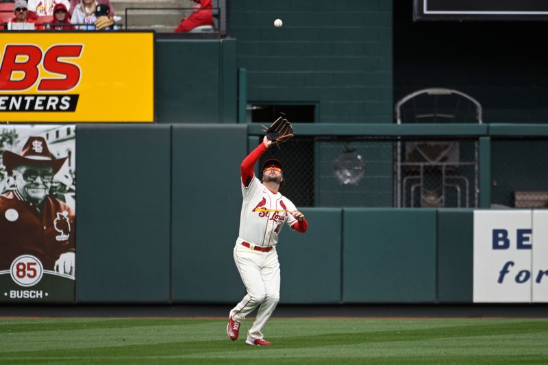 Apr 1, 2023; St. Louis, Missouri, USA; St. Louis Cardinals left fielder Alec Burleson (41) catches a fly ball by Toronto Blue Jays third baseman Matt Chapman (not pictured) in the third inning at Busch Stadium. Mandatory Credit: Joe Puetz-USA TODAY Sports