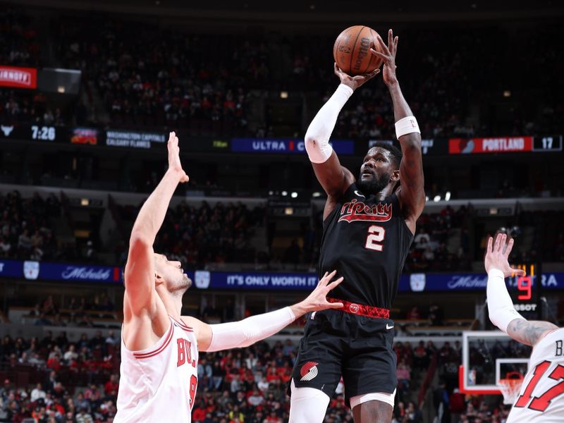 CHICAGO, IL - MARCH 18:  Deandre Ayton #2 of the Portland Trail Blazers shoots the ball during the game against the Chicago Bulls on March 18, 2024 at United Center in Chicago, Illinois. NOTE TO USER: User expressly acknowledges and agrees that, by downloading and or using this photograph, User is consenting to the terms and conditions of the Getty Images License Agreement. Mandatory Copyright Notice: Copyright 2024 NBAE (Photo by Jeff Haynes/NBAE via Getty Images)