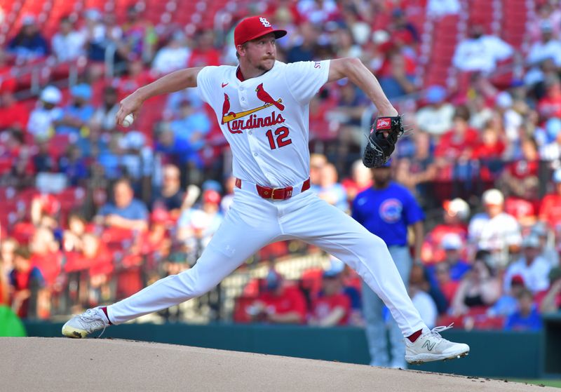 Jun 25, 2025; St. Louis, Missouri, USA;St. Louis Cardinals pitcher Erick Fedde (12) pitches in the first inning against the Chicago Cubs at Busch Stadium. Mandatory Credit: Tim Vizer-Imagn Images 