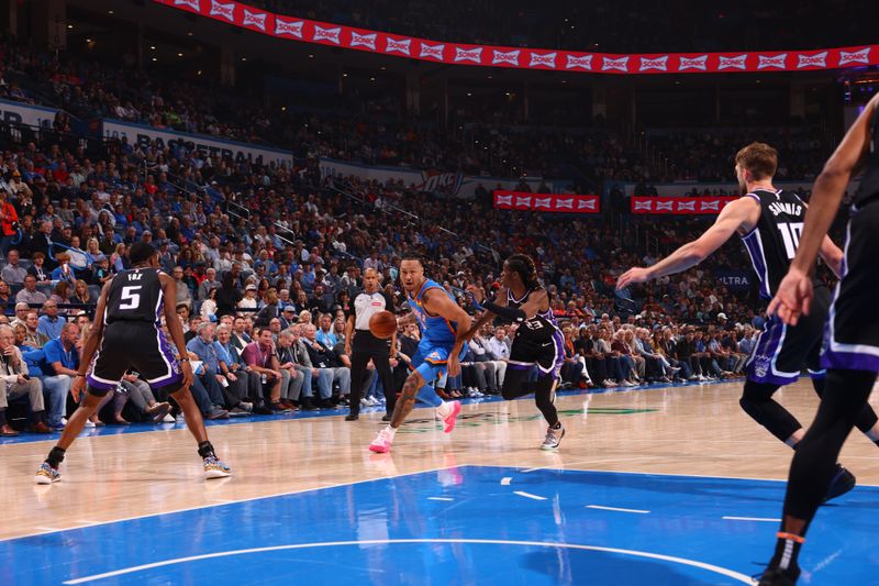 OKLAHOMA CITY, OK - APRIL 9:  Jaylin Williams #6 of the Oklahoma City Thunder dribbles the ball during the game against the Sacramento Kings on April 9, 2024 at Paycom Arena in Oklahoma City, Oklahoma. NOTE TO USER: User expressly acknowledges and agrees that, by downloading and or using this photograph, User is consenting to the terms and conditions of the Getty Images License Agreement. Mandatory Copyright Notice: Copyright 2024 NBAE (Photo by Zach Beeker/NBAE via Getty Images)