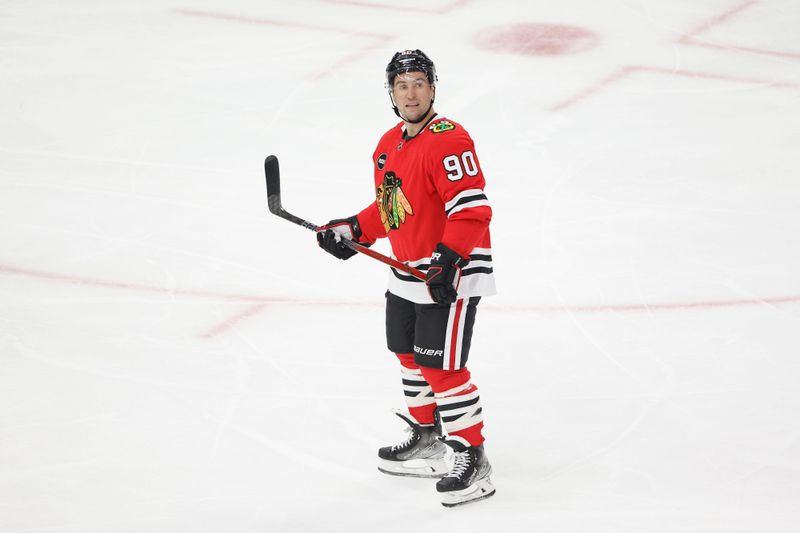 Feb 7, 2024; Chicago, Illinois, USA; Chicago Blackhawks center Tyler Johnson (90) looks on during the first period at United Center. Mandatory Credit: Kamil Krzaczynski-USA TODAY Sports