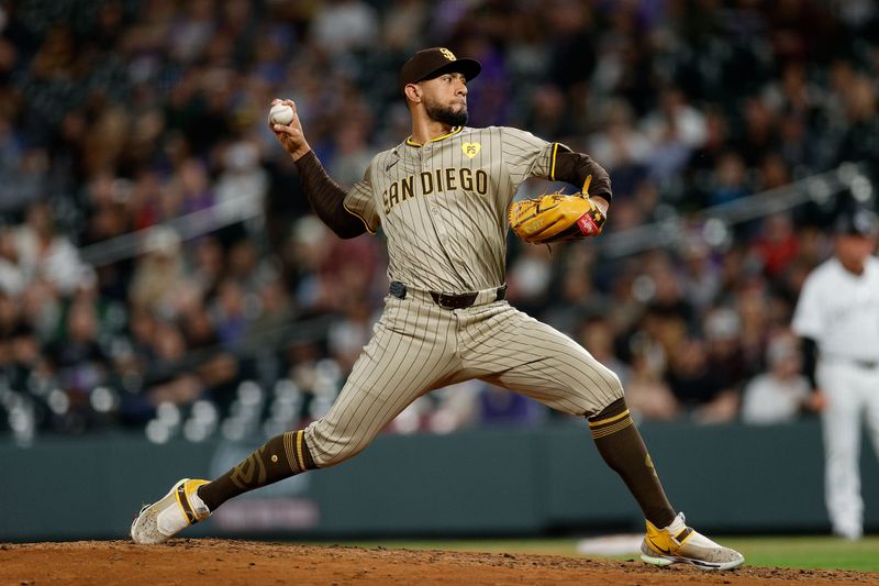 Apr 24, 2024; Denver, Colorado, USA; San Diego Padres relief pitcher Robert Suarez (75) pitches in the ninth inning against the Colorado Rockies at Coors Field. Mandatory Credit: Isaiah J. Downing-USA TODAY Sports