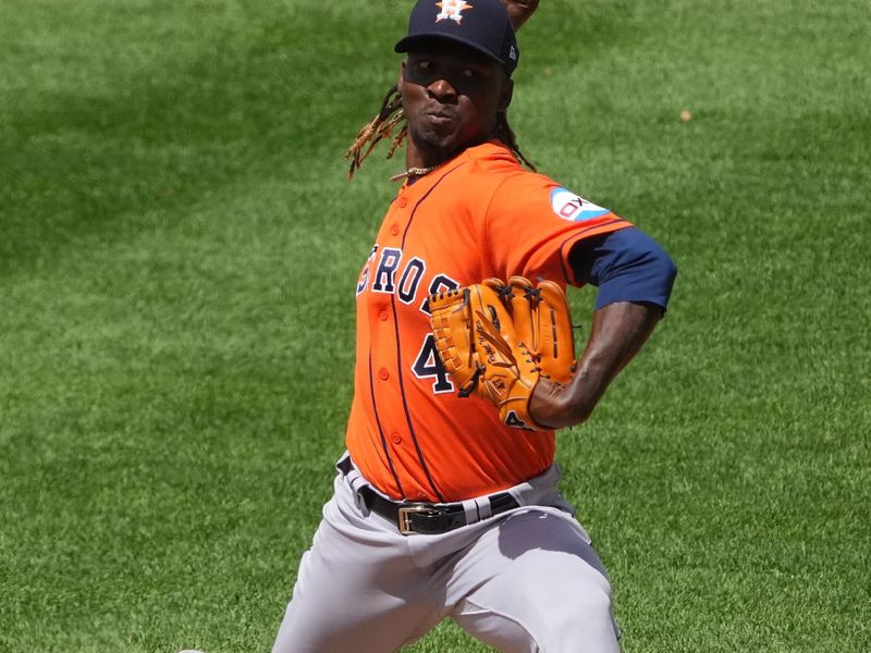 Jul 19, 2023; Denver, Colorado, USA; Houston Astros relief pitcher Rafael Montero (47) delivers a pitch in the seventh inning against the Colorado Rockies at Coors Field. Mandatory Credit: Ron Chenoy-USA TODAY Sports