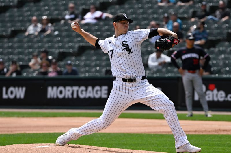 May 1, 2024; Chicago, Illinois, USA; Chicago White Sox starting pitcher Chris Flexen (77) delivers against the Minnesota Twins during the first inning at Guaranteed Rate Field. Mandatory Credit: Matt Marton-USA TODAY Sports