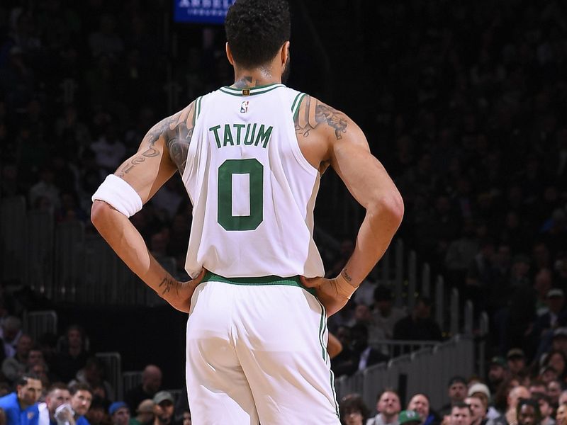 BOSTON, MA - APRIL 3: Jayson Tatum #0 of the Boston Celtics looks on during the game against the Oklahoma City Thunder on April 3, 2024 at the TD Garden in Boston, Massachusetts. NOTE TO USER: User expressly acknowledges and agrees that, by downloading and or using this photograph, User is consenting to the terms and conditions of the Getty Images License Agreement. Mandatory Copyright Notice: Copyright 2024 NBAE  (Photo by Brian Babineau/NBAE via Getty Images)