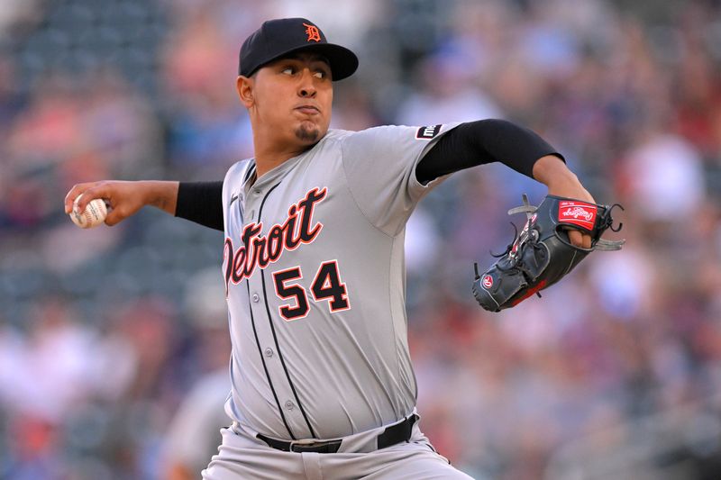 Jul 3, 2024; Minneapolis, Minnesota, USA; Detroit Tigers starting pitcher Keider Montero (54) delivers a pitch during the first inning at Target Field. Mandatory Credit: Nick Wosika-USA TODAY Sports