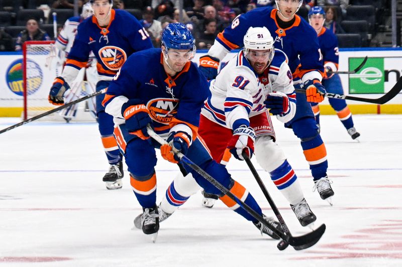 Feb 25, 2025; Elmont, New York, USA;  New York Islanders defenseman Adam Pelech (3) skates the puck against New York Rangers right wing Reilly Smith (91) during the third period at UBS Arena. Mandatory Credit: Dennis Schneidler-Imagn Images