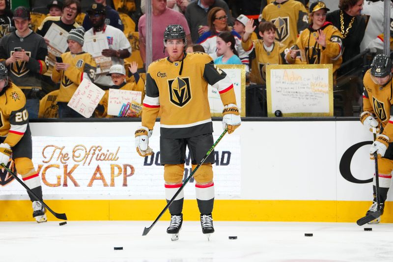 Apr 1, 2025; Las Vegas, Nevada, USA; Vegas Golden Knights defenseman Zach Whitecloud (2) warms up before a game against the Edmonton Oilers at T-Mobile Arena. Mandatory Credit: Stephen R. Sylvanie-Imagn Images
