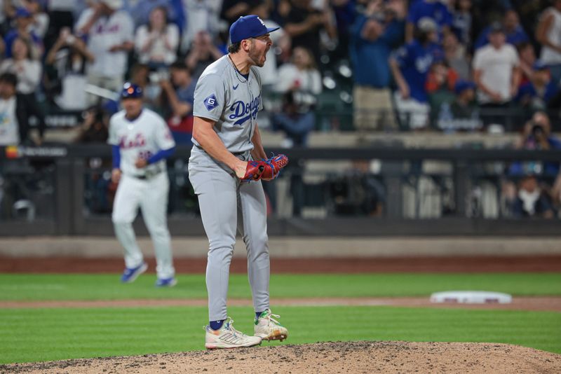 May 28, 2024; New York City, New York, USA; Los Angeles Dodgers relief pitcher Alex Vesia (51) reacts after closing the game against the New York Mets at Citi Field. Mandatory Credit: Vincent Carchietta-USA TODAY Sports