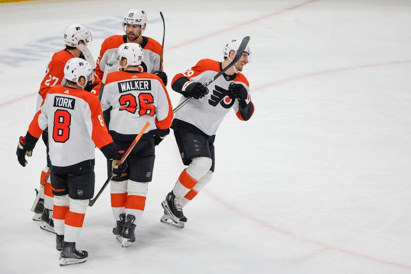 Feb 21, 2024; Chicago, Illinois, USA; Philadelphia Flyers right wing Garnet Hathaway (19) smiles after scoring against the Chicago Blackhawks during the second period at United Center. Mandatory Credit: Kamil Krzaczynski-USA TODAY Sports