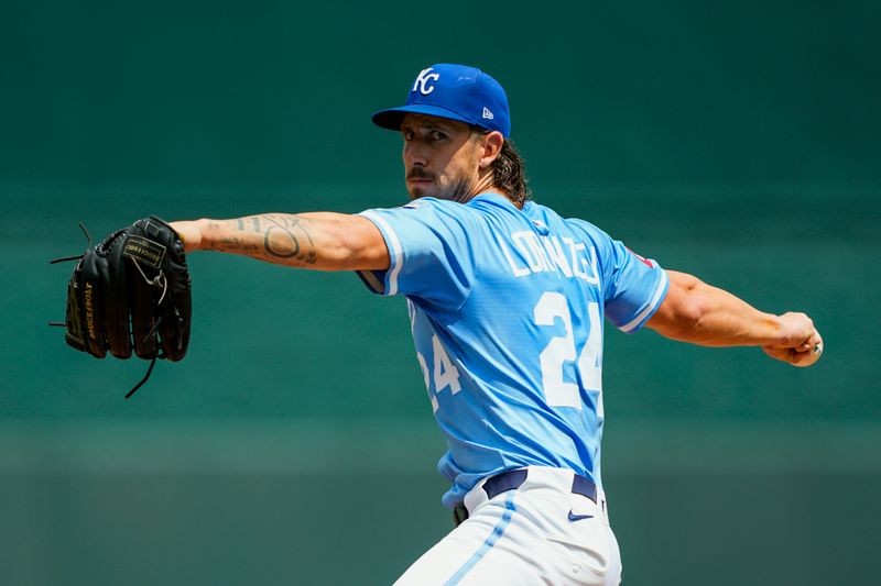 Aug 21, 2025; Kansas City, Missouri, USA; Kansas City Royals starting pitcher Michael Lorenzen (24) pitches during the first inning against the Texas Rangers at Kauffman Stadium. Mandatory Credit: Jay Biggerstaff-Imagn Images
