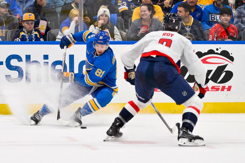 Nov 9, 2024; St. Louis, Missouri, USA;  St. Louis Blues center Dylan Holloway (81) controls the puck as Washington Capitals defenseman Matt Roy (3) defends during the second period at Enterprise Center. Mandatory Credit: Jeff Curry-Imagn Images