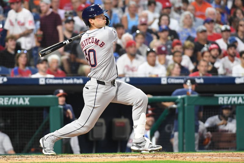 Aug 26, 2024; Philadelphia, Pennsylvania, USA; Houston Astros shortstop Shay Whitcomb (10) hits a two-RBI  double against the Philadelphia Phillies during the fourth inning at Citizens Bank Park. Mandatory Credit: Eric Hartline-USA TODAY Sports