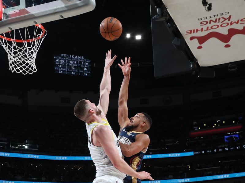 NEW ORLEANS, LA - JANUARY 17:  CJ McCollum #3 of the New Orleans Pelicans shoots the ball during the game against the Utah Jazz on January 17, 2025 at the Smoothie King Center in New Orleans, Louisiana. NOTE TO USER: User expressly acknowledges and agrees that, by downloading and or using this Photograph, user is consenting to the terms and conditions of the Getty Images License Agreement. Mandatory Copyright Notice: Copyright 2025 NBAE (Photo by Layne Murdoch Jr./NBAE via Getty Images)