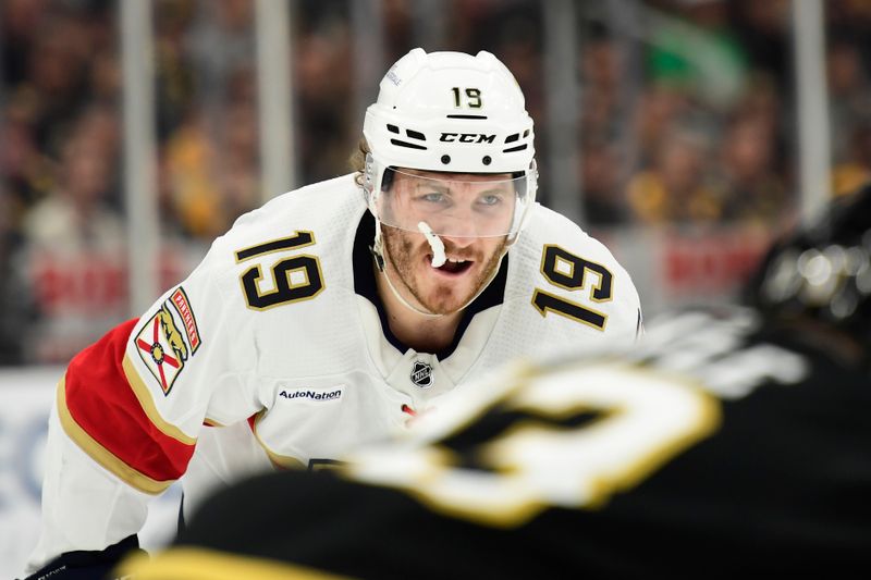 May 17, 2024; Boston, Massachusetts, USA; Florida Panthers left wing Matthew Tkachuk (19) gets ready for a face off during the second period in game six of the second round of the 2024 Stanley Cup Playoffs against the Boston Bruins at TD Garden. Mandatory Credit: Bob DeChiara-USA TODAY Sports