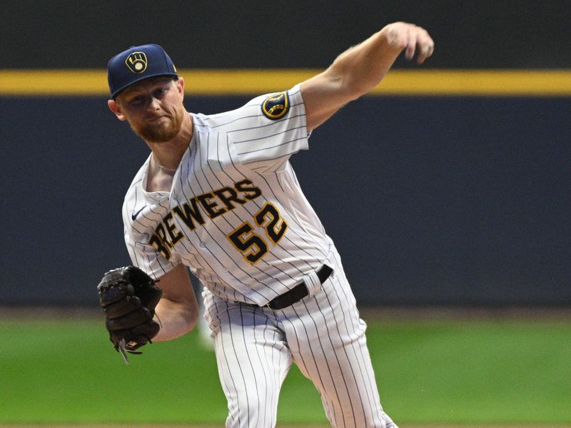 Sep 30, 2023; Milwaukee, Wisconsin, USA; Milwaukee Brewers starting pitcher Eric Lauer (52) delivers a pitch against the Chicago Cubs in the first inning at American Family Field. Mandatory Credit: Michael McLoone-USA TODAY Sports