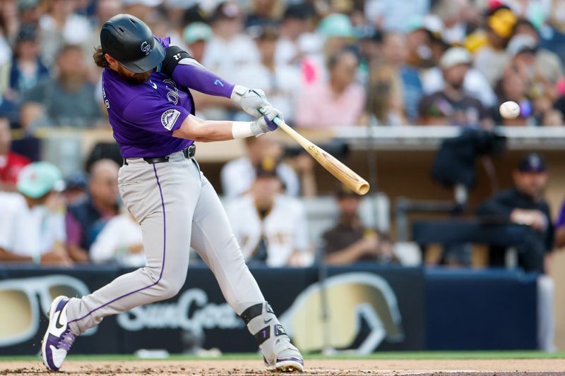 Aug 2, 2024; San Diego, California, USA; Colorado Rockies second baseman Brendan Rodgers (7) hits a one run home run during the first inning against the San Diego Padres at Petco Park. Mandatory Credit: David Frerker-USA TODAY Sports