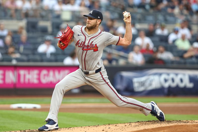 Jun 21, 2024; Bronx, New York, USA; Atlanta Braves starting pitcher Chris Sale (51) pitches in the first inning against the New York Yankees at Yankee Stadium. Mandatory Credit: Wendell Cruz-USA TODAY Sports