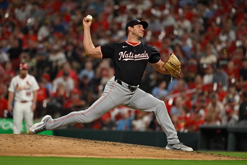 Jul 26, 2024; St. Louis, Missouri, USA; Washington Nationals relief pitcher Jacob Barnes (59) throws against the St. Louis Cardinals during the ninth inning at Busch Stadium. Mandatory Credit: Jeff Le-USA TODAY Sports