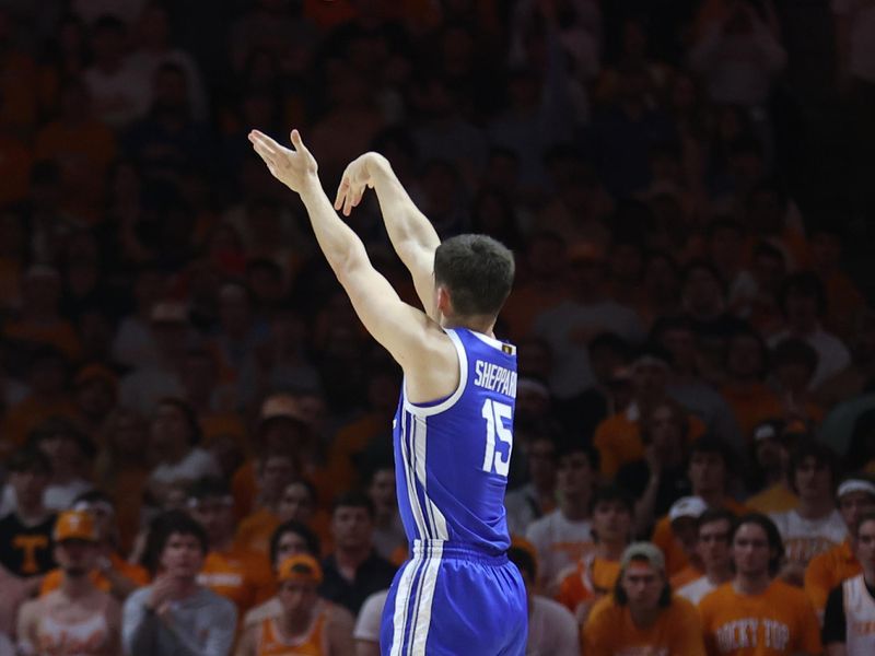 Mar 9, 2024; Knoxville, Tennessee, USA; Kentucky Wildcats guard Reed Sheppard (15) shoots a three pointer against the Tennessee Volunteers during the second half at Thompson-Boling Arena at Food City Center. Mandatory Credit: Randy Sartin-USA TODAY Sports