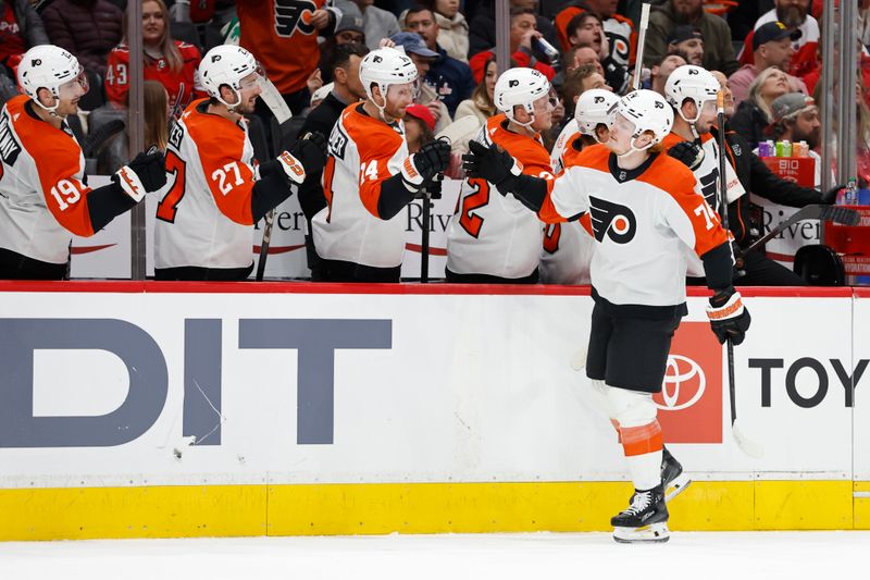 Mar 1, 2024; Washington, District of Columbia, USA; Philadelphia Flyers right wing Owen Tippett (74) celebrates with teammates after scoring a goal against the Washington Capitals in the first period at Capital One Arena. Mandatory Credit: Geoff Burke-USA TODAY Sports