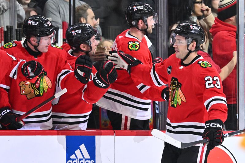 Feb 15, 2024; Chicago, Illinois, USA; Chicago Blackhawks forward Philipp Kurashev (23) celebrates with the bench after scoring a goal in the second period against the Pittsburgh Penguins at United Center. Mandatory Credit: Jamie Sabau-USA TODAY Sports