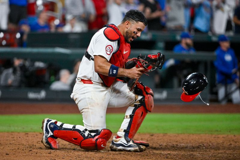 May 26, 2024; St. Louis, Missouri, USA;  St. Louis Cardinals catcher Ivan Herrera (48) reacts after the Cardinals defeated the Chicago Cubs at Busch Stadium. Mandatory Credit: Jeff Curry-USA TODAY Sports