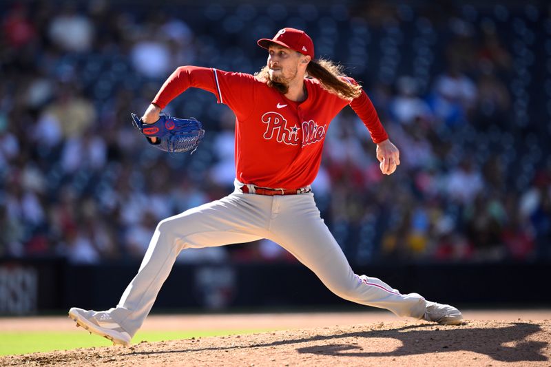 Sep 6, 2023; San Diego, California, USA; Philadelphia Phillies relief pitcher Matt Strahm (25) throws a pitch against the San Diego Padres during the ninth inning at Petco Park. Mandatory Credit: Orlando Ramirez-USA TODAY Sports